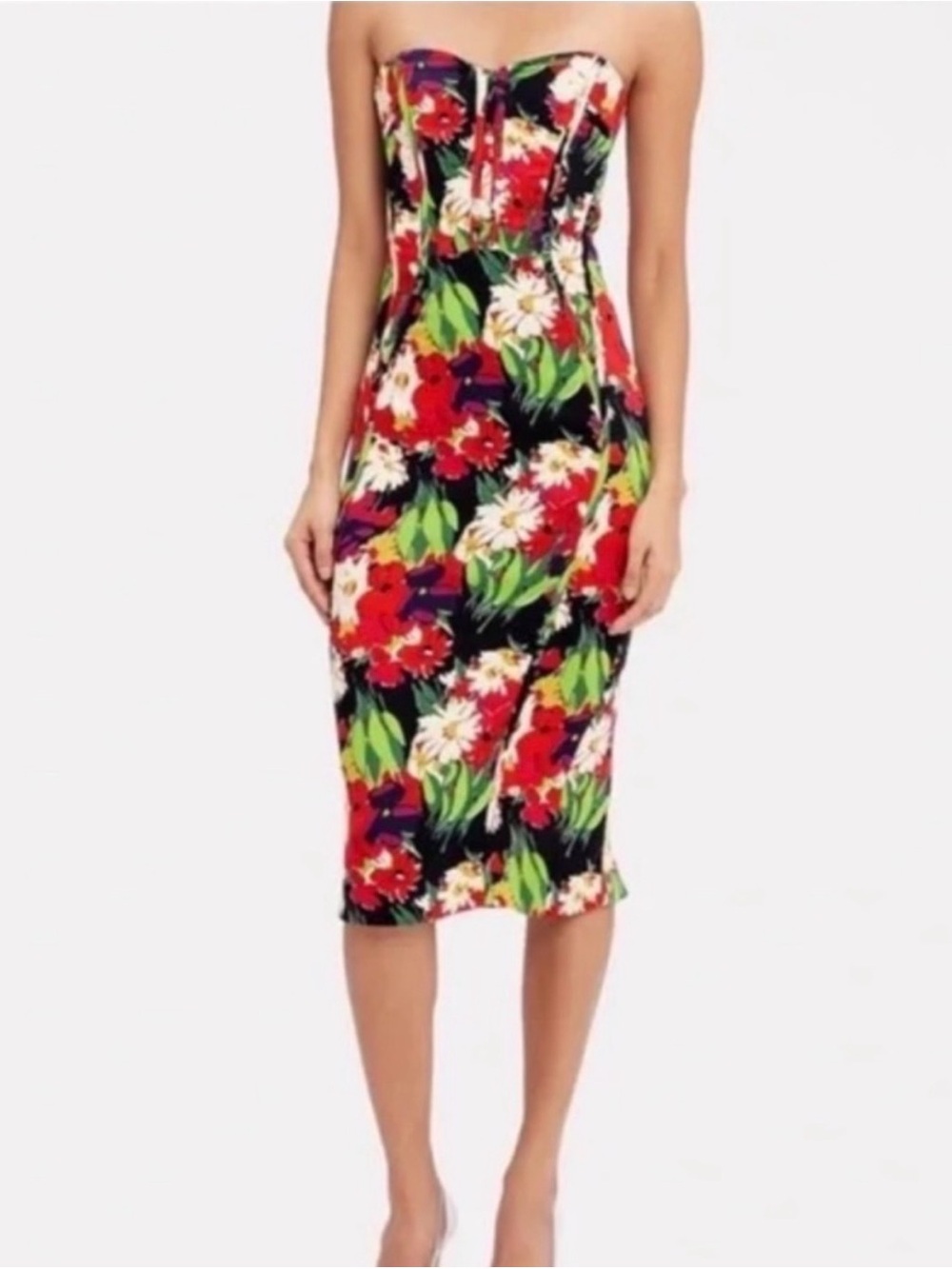 Floral Strapless Bodycon Midi Dress - Red Multi